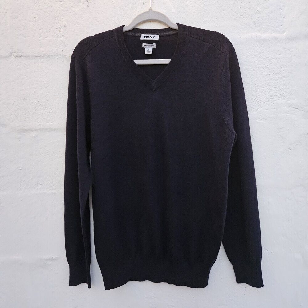 DKNY Sweater‎ Mens Medium Navy Merino Wool V Neck Thin Soft Preppy Dark Academia